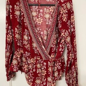 Red Wrap Peplum Blouse with Long Sleeves